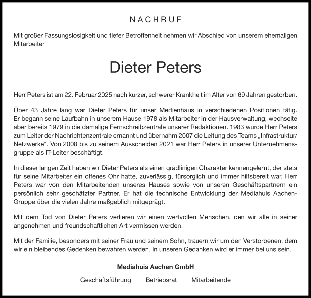  Traueranzeige für Dieter Peters vom 22.03.2025 aus Aachener Zeitung