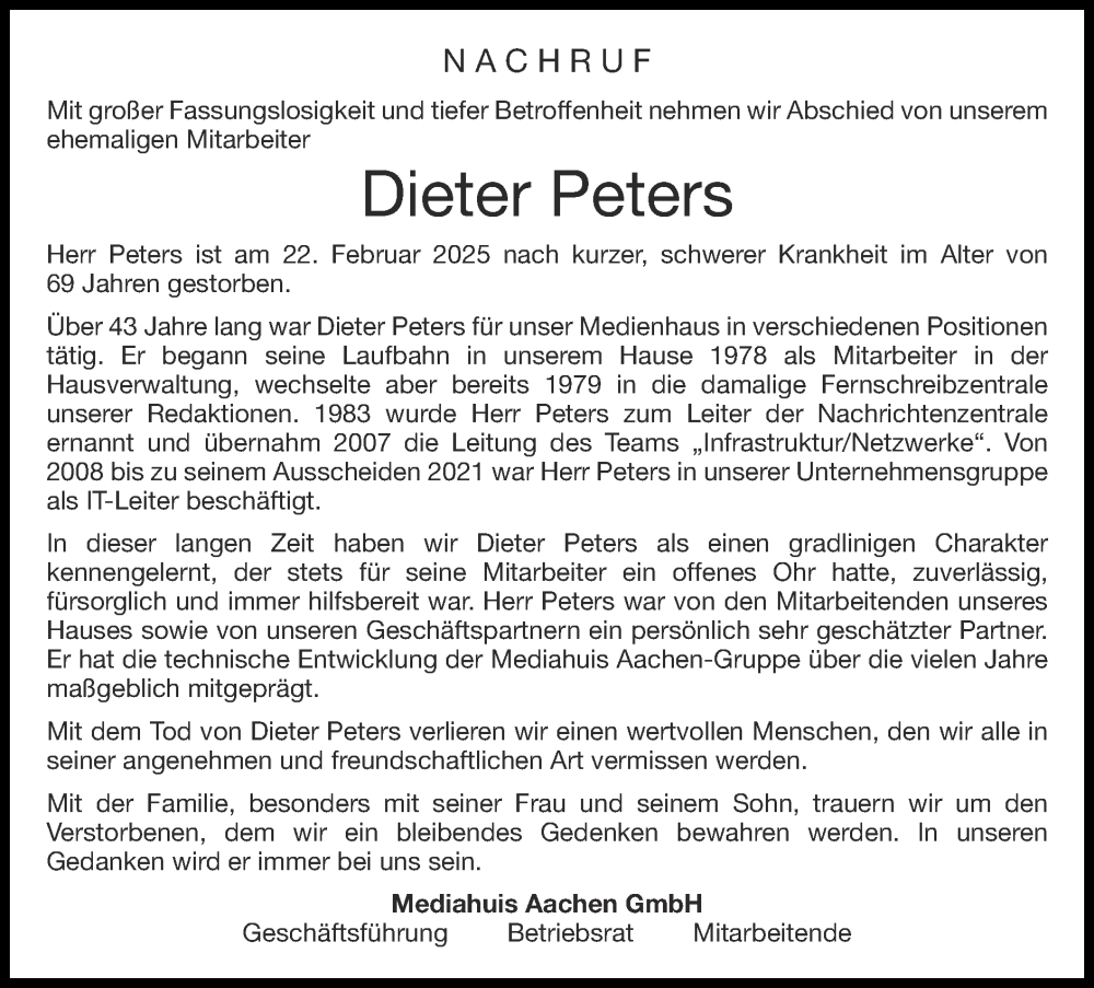  Traueranzeige für Dieter Peters vom 23.03.2025 aus Zeitung am Sonntag
