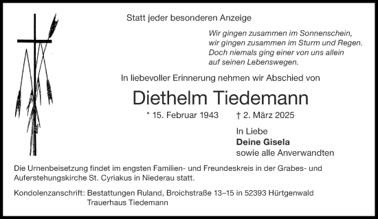 Traueranzeige von Diethelm Tiedemann von Aachener Zeitung