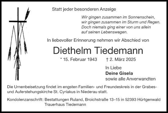 Traueranzeige von Diethelm Tiedemann von Zeitung am Sonntag