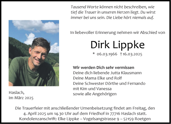 Traueranzeige von Dirk Lippke von Aachener Zeitung