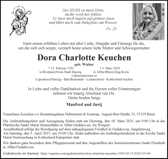 Traueranzeige von Dora Charlotte Keuchen von Zeitung am Sonntag