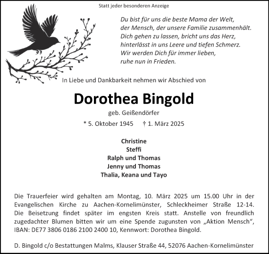 Traueranzeige von Dorothea Bingold von Aachener Zeitung