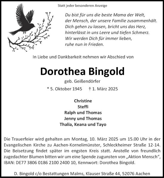 Traueranzeige von Dorothea Bingold von Zeitung am Sonntag