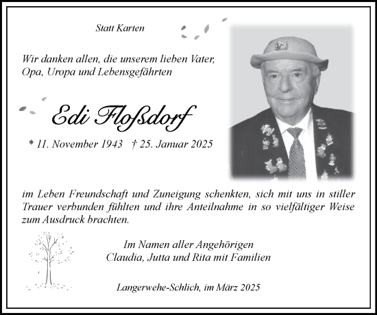 Traueranzeige von Edi Floßdorf von Zeitung am Sonntag