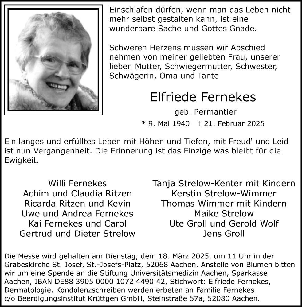  Traueranzeige für Elfriede Fernekes vom 08.03.2025 aus Aachener Zeitung