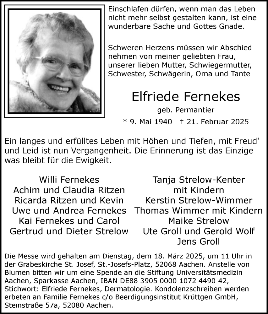  Traueranzeige für Elfriede Fernekes vom 09.03.2025 aus Zeitung am Sonntag