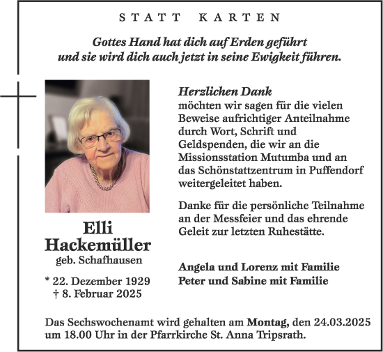 Traueranzeige von Elli Hackemüller von Zeitung am Sonntag