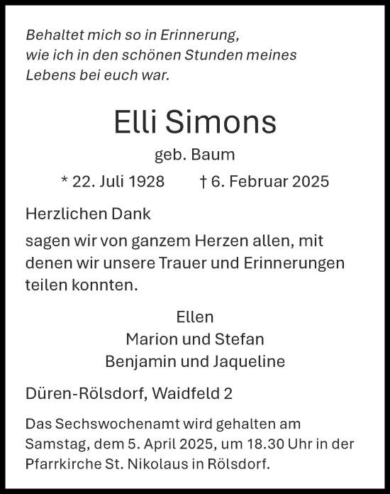 Traueranzeige von Elli Simons von Zeitung am Sonntag