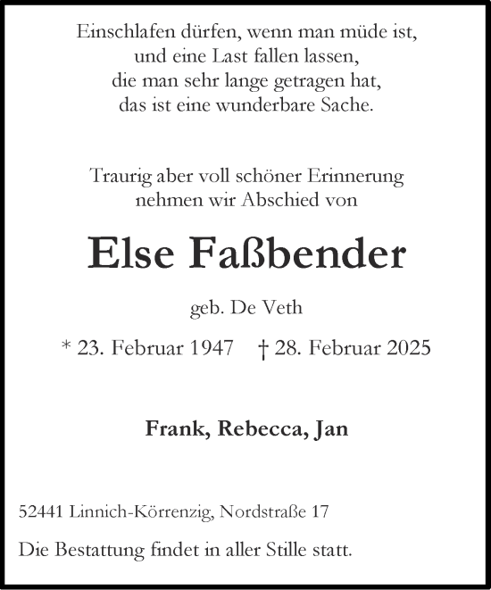 Traueranzeige von Else Faßbender von Zeitung am Sonntag