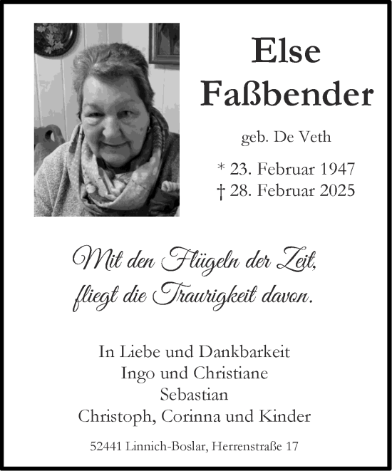 Traueranzeige von Else Faßbender von Zeitung am Sonntag