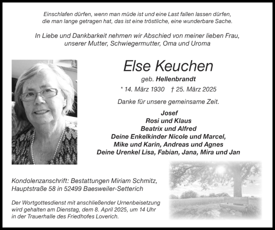 Traueranzeige von Else Keuchen von Zeitung am Sonntag