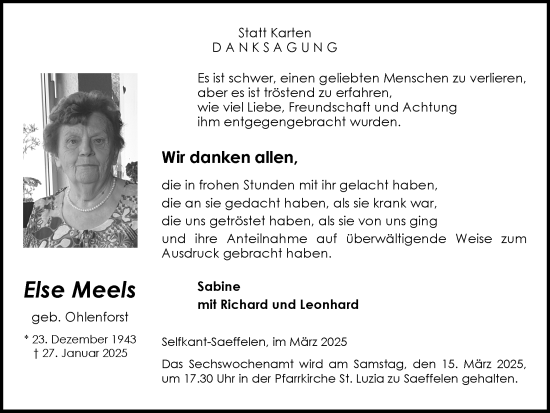 Traueranzeige von Else Meels von Zeitung am Sonntag