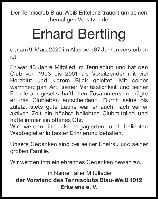 Traueranzeige von Erhard Bertling von Zeitung am Sonntag