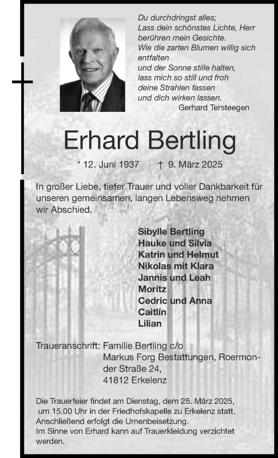 Traueranzeige von Erhard Bertling von Zeitung am Sonntag