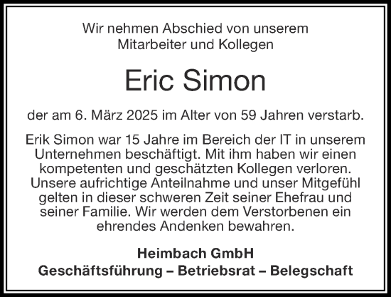 Traueranzeige von Eric Simon von Zeitung am Sonntag