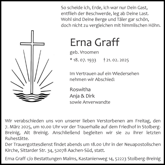 Traueranzeige von Erna Graff von Zeitung am Sonntag