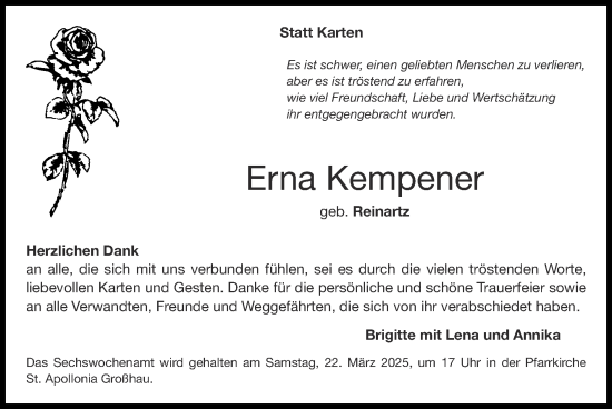 Traueranzeige von Erna Kempener von Zeitung am Sonntag