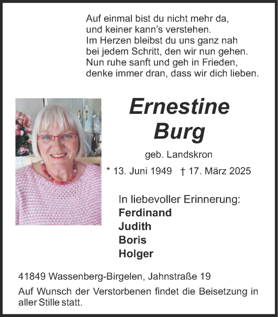 Traueranzeige von Ernestine Burg von Zeitung am Sonntag