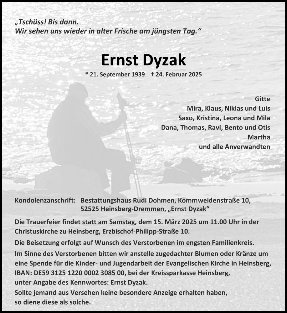  Traueranzeige für Ernst Dyzak vom 08.03.2025 aus Aachener Zeitung