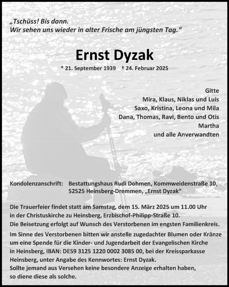  Traueranzeige für Ernst Dyzak vom 09.03.2025 aus Zeitung am Sonntag