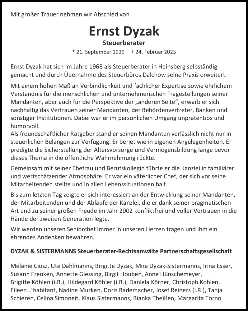  Traueranzeige für Ernst Dyzak vom 16.03.2025 aus Zeitung am Sonntag