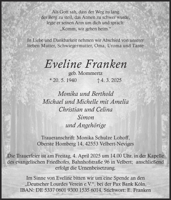 Traueranzeige von Eveline Franken von Zeitung am Sonntag