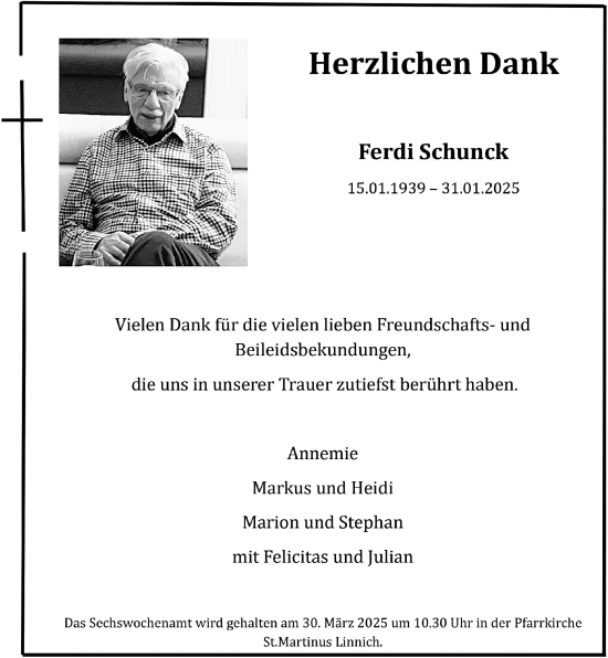 Traueranzeige von Ferdi Schunck von Zeitung am Sonntag