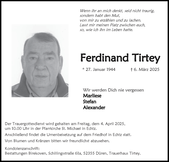 Traueranzeige von Ferdinand Tirtey von Zeitung am Sonntag