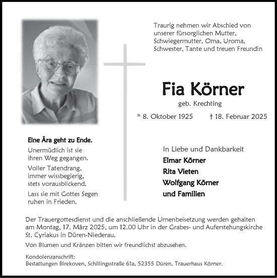 Traueranzeige von Fia Körner von Zeitung am Sonntag
