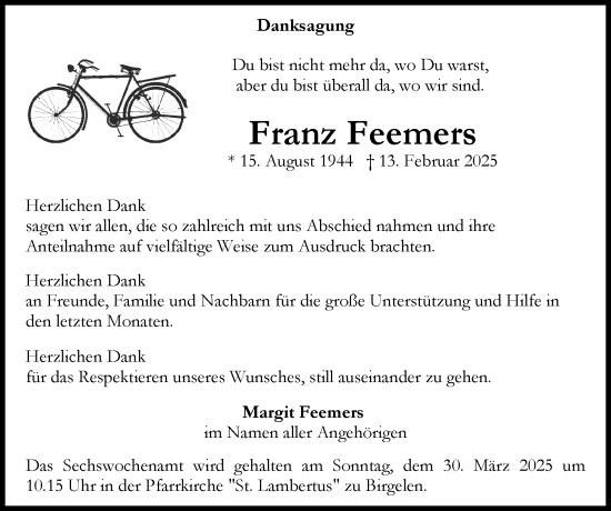 Traueranzeige von Franz Feemers von Zeitung am Sonntag