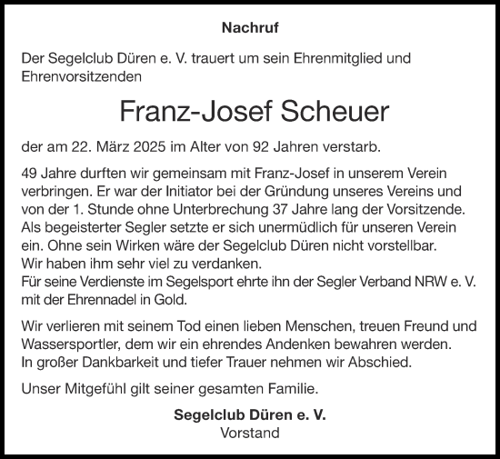 Traueranzeige von Franz-Josef Scheuer von Zeitung am Sonntag
