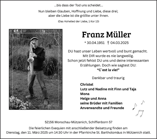 Traueranzeige von Franz Müller von Zeitung am Sonntag
