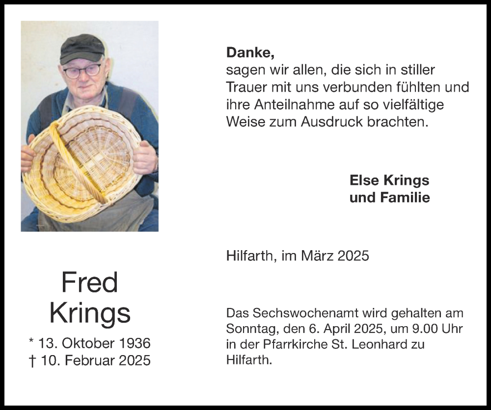  Traueranzeige für Fred Krings vom 30.03.2025 aus Zeitung am Sonntag