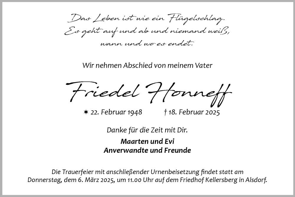 Traueranzeige für Friedel Honneff vom 02.03.2025 aus Zeitung am Sonntag