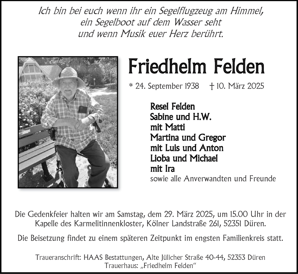  Traueranzeige für Friedhelm Felden vom 23.03.2025 aus Zeitung am Sonntag