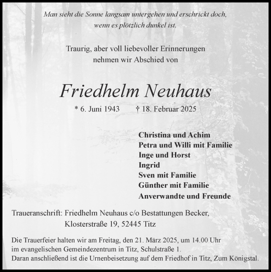 Traueranzeige von Friedhelm Neuhaus von Zeitung am Sonntag