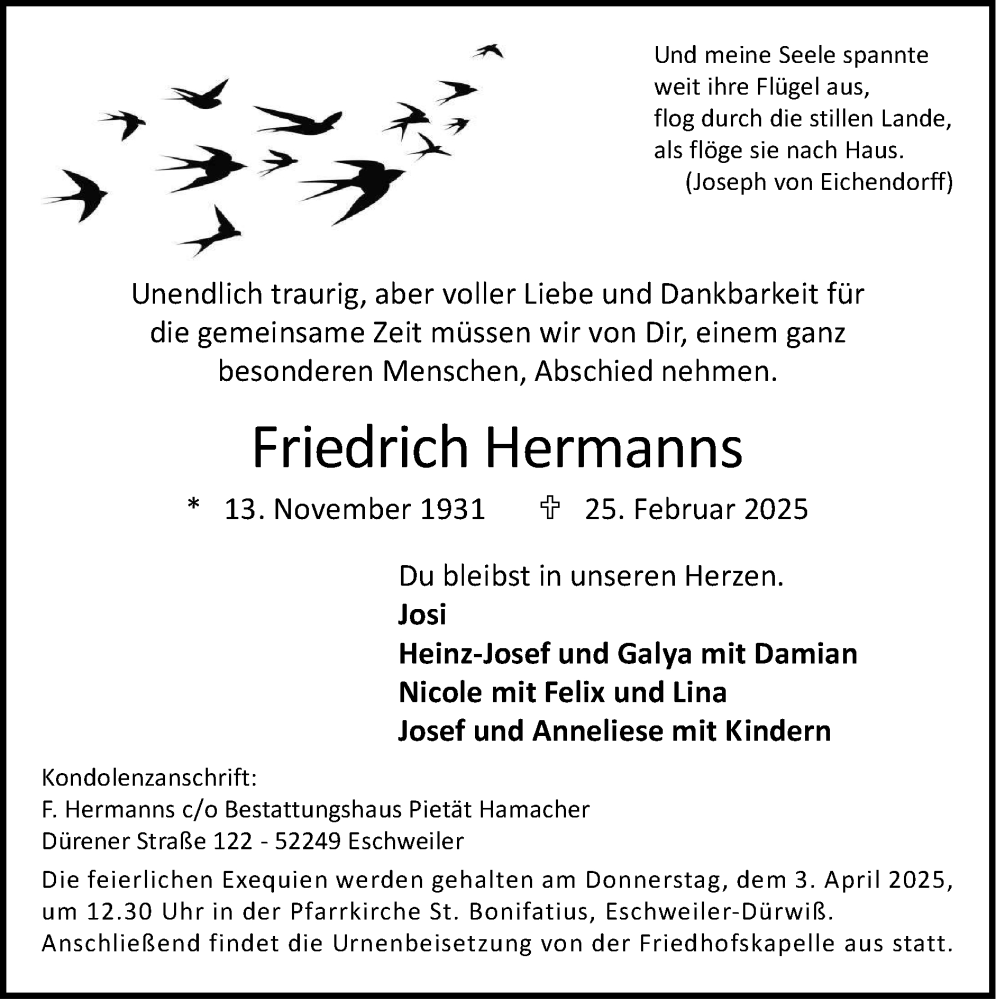  Traueranzeige für Friedrich Hermanns vom 23.03.2025 aus Zeitung am Sonntag