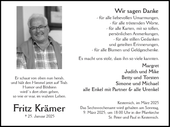 Traueranzeige von Fritz Krämer von Zeitung am Sonntag