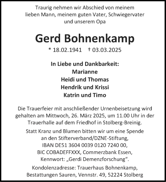 Traueranzeige von Gerd Bohnenkamp von Aachener Zeitung