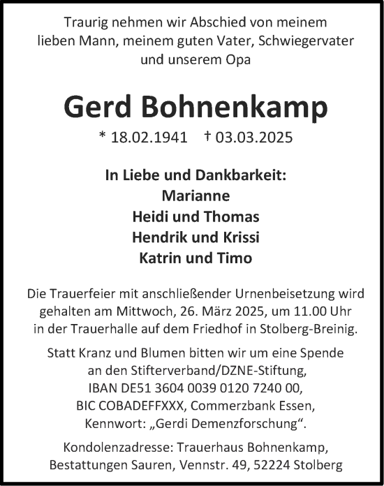Traueranzeige von Gerd Bohnenkamp von Zeitung am Sonntag