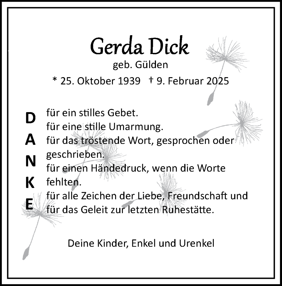  Traueranzeige für Gerda Dick vom 09.03.2025 aus Zeitung am Sonntag