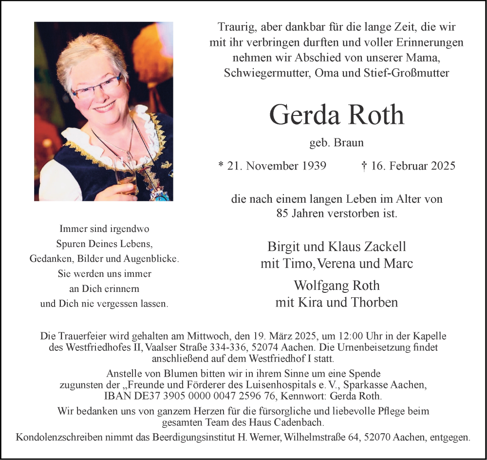  Traueranzeige für Gerda Roth vom 08.03.2025 aus Aachener Zeitung
