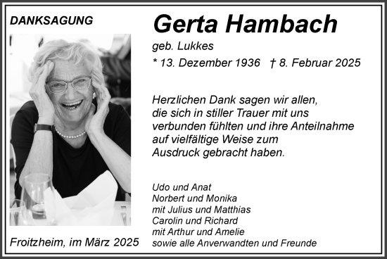 Traueranzeige von Gerta Hambach von Zeitung am Sonntag