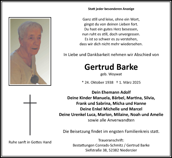 Traueranzeige von Gertrud Barke von Zeitung am Sonntag