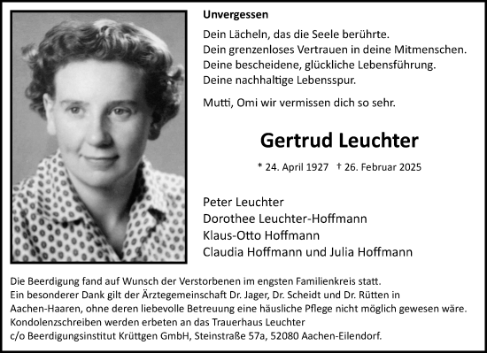 Traueranzeige von Gertrud Leuchter von Aachener Zeitung
