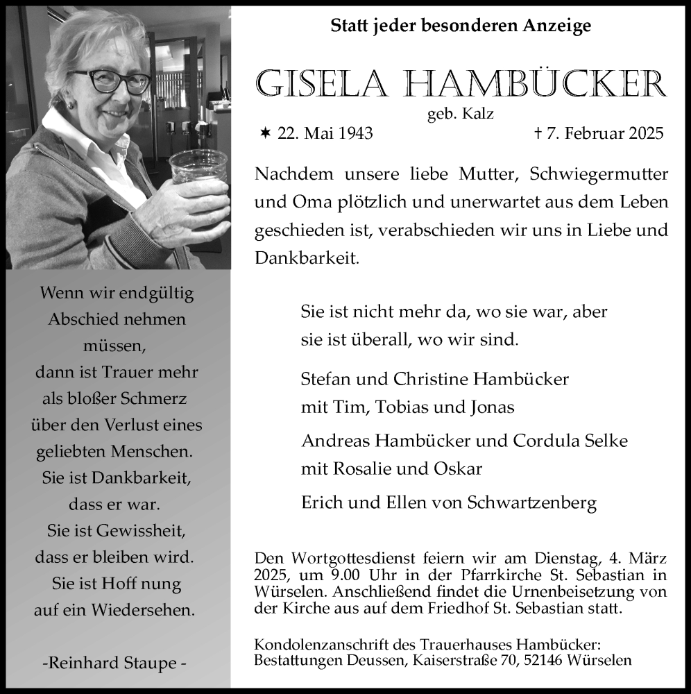  Traueranzeige für Gisela Hambücker vom 02.03.2025 aus Zeitung am Sonntag