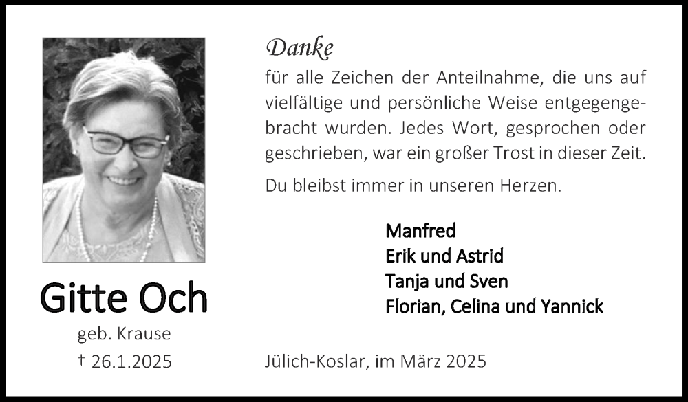  Traueranzeige für Gitte Och vom 30.03.2025 aus Zeitung am Sonntag