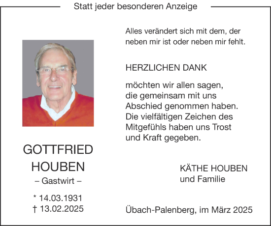 Traueranzeige von Gottfried Houben von Zeitung am Sonntag