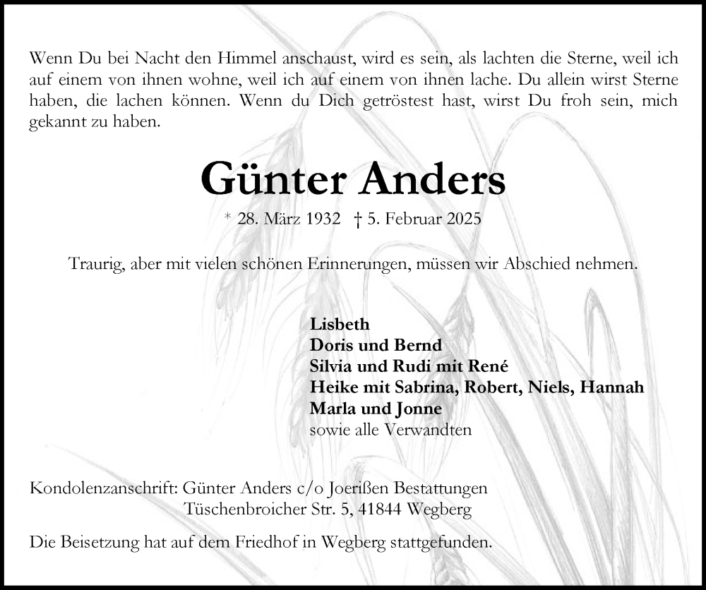  Traueranzeige für Günter Anders vom 02.03.2025 aus Zeitung am Sonntag